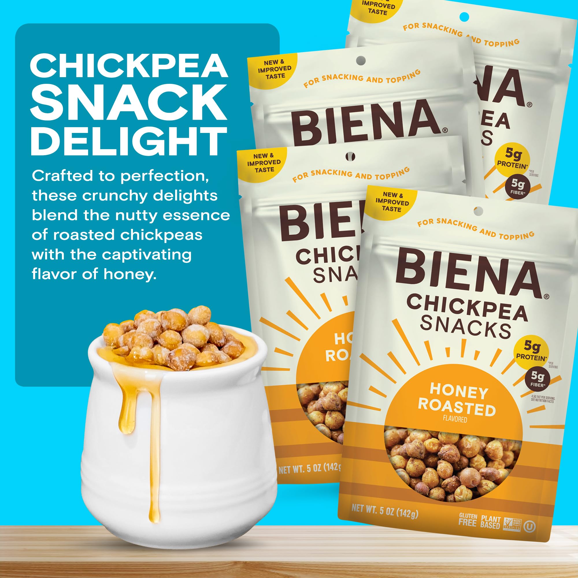 BIENA label highlights sea salt and honey dusting on chickpeas