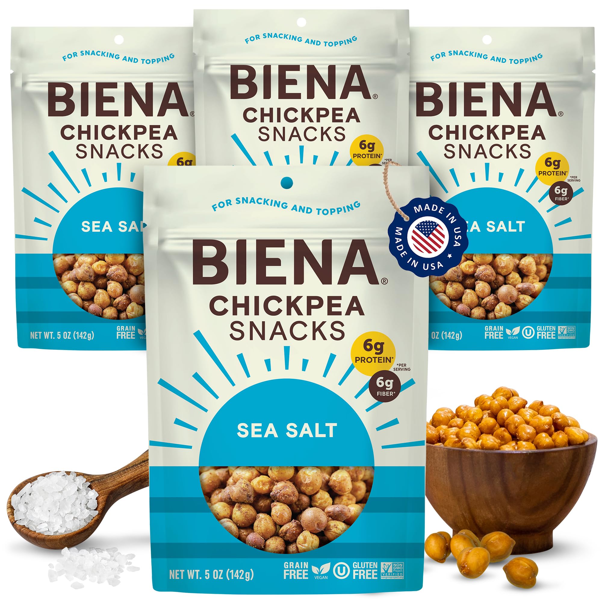 BIENA chickpea snacks sea salt crisp bag highlighting crunchy texture and protein