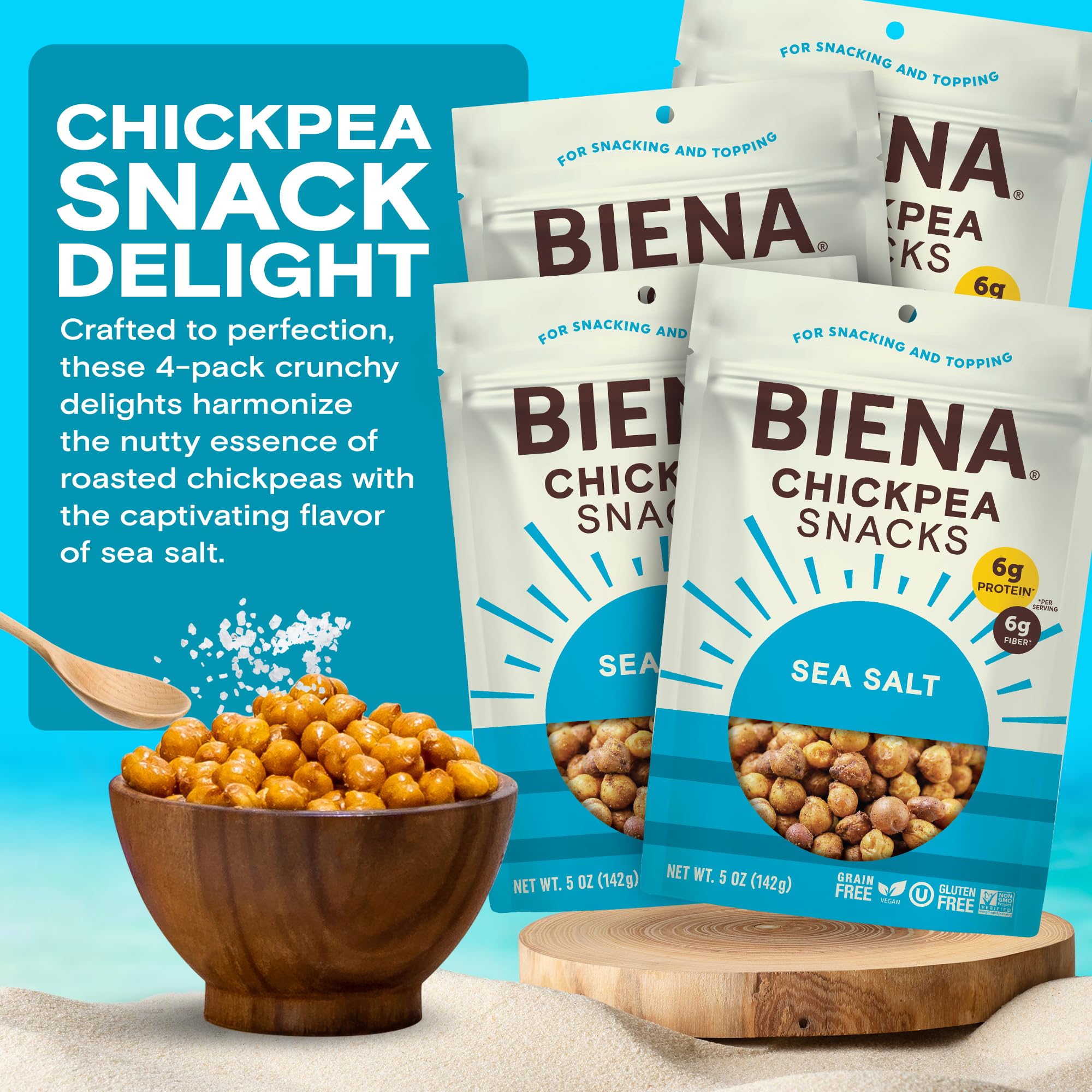 BIENA chickpeas front label shows gluten-free and vegan snack