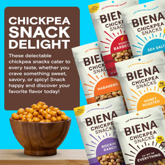 BIENA Chickpeas Honey Roasted bag atop salads.