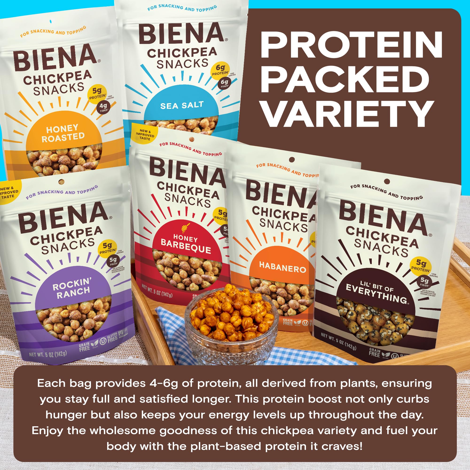 BIENA Chickpeas Ranch bag delivers savory protein crunch.