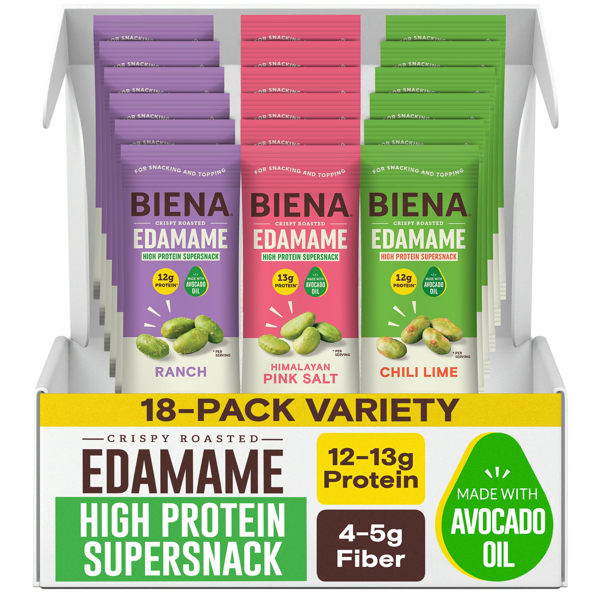 Biena Crispy Roasted Edamame Himalayan Pink Salt pouch close-up for on-the-go protein.