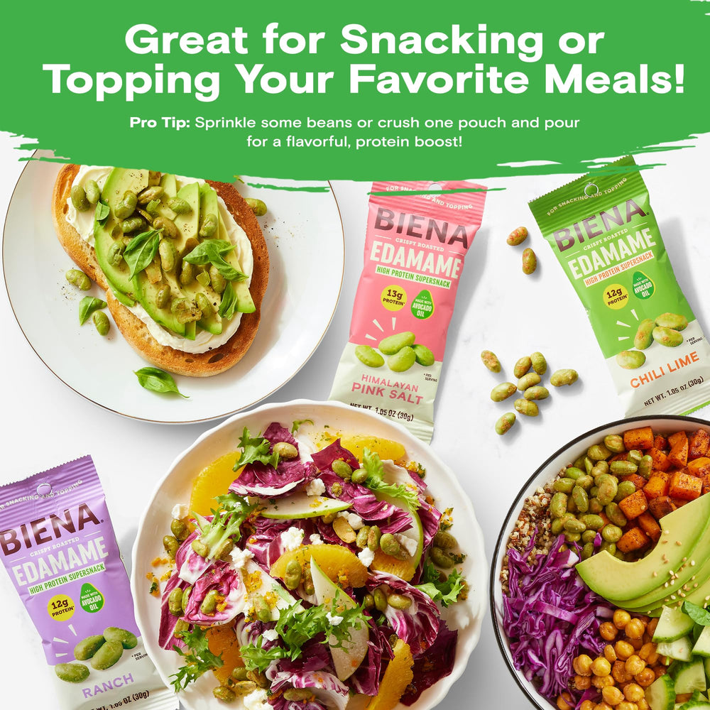 Biena On-the-go edamame snack ready for travel or desk.