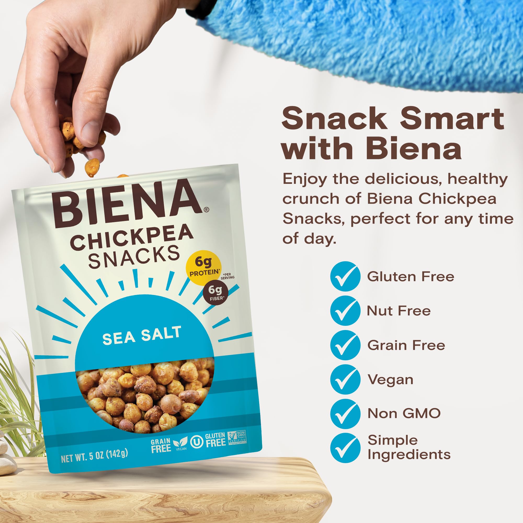 BIENA sea salt dust on chickpeas for balanced flavor