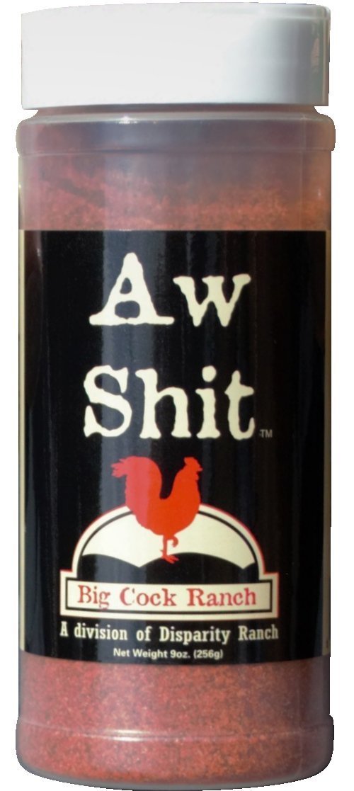 Big Cock Ranch Aw Shit seasoning bottle ready for bold backyard grilling and flavor