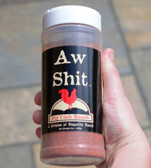 Aw Shit label close-up from Big Cock Ranch showing spicy seasoning details