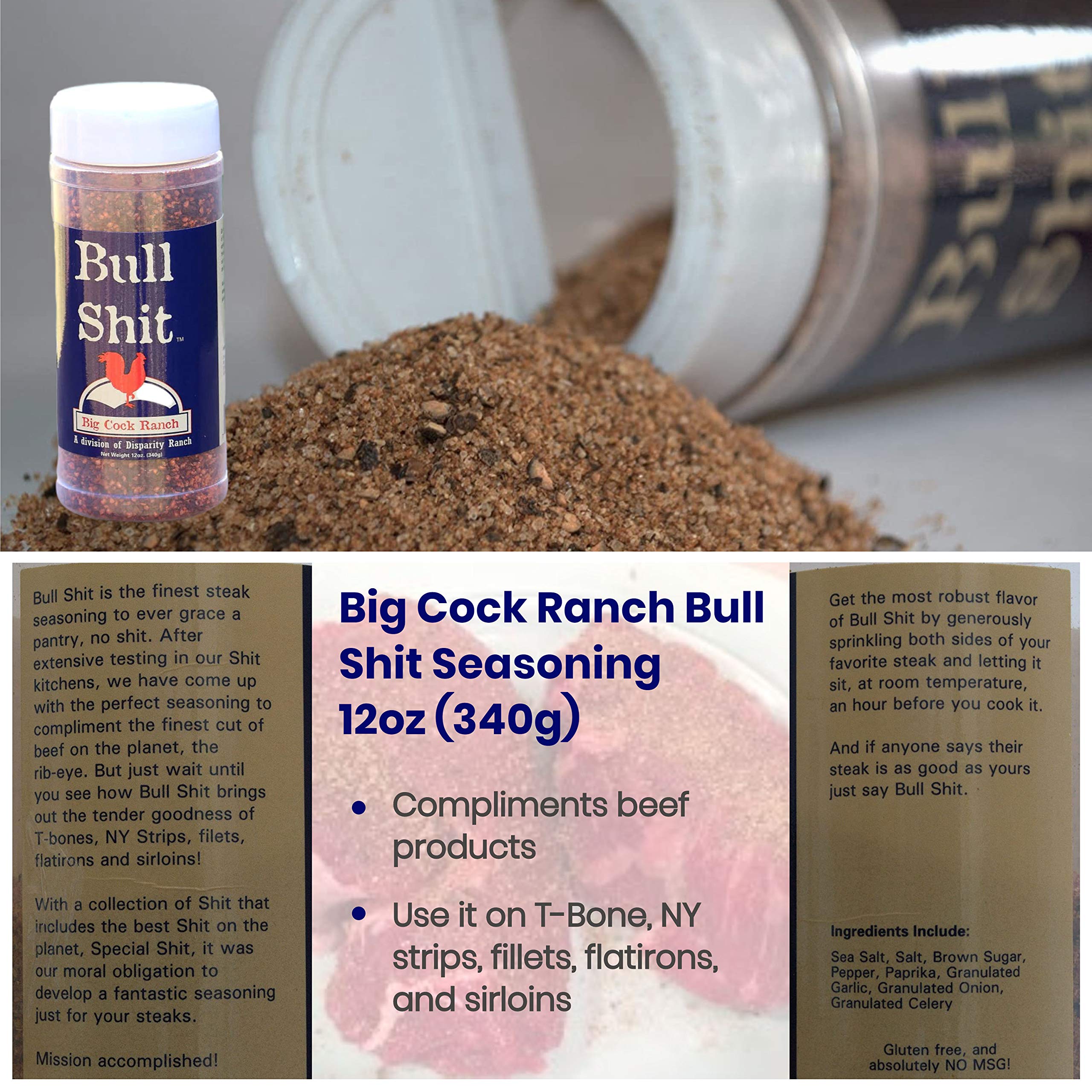 Big Cock Ranch All-Purpose Special Shit 13oz seasoning bottle sits on the counter for versatile cooking.