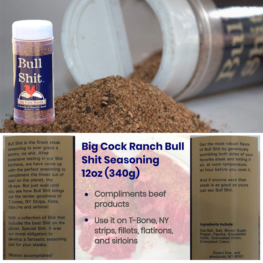 Big Cock Ranch All-Purpose Special Shit 13oz seasoning bottle sits on the counter for versatile cooking.