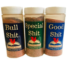 Big Cock Ranch Bull Shit seasoning bottle boosts bold, smoky steak flavor.
