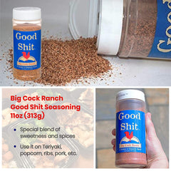 Big Cock Ranch Good Shit Sweet N' Salty 11oz seasoning balances snacks and sides.