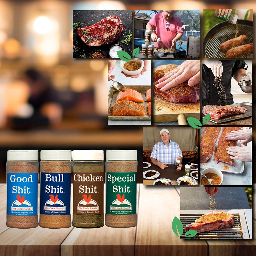 Big Cock Ranch gift-ready packaging features four seasoning bottles for gifting.