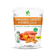 Big Green Organic Food organic sweet potato sticks in a resealable pack for on-the-go snacking.