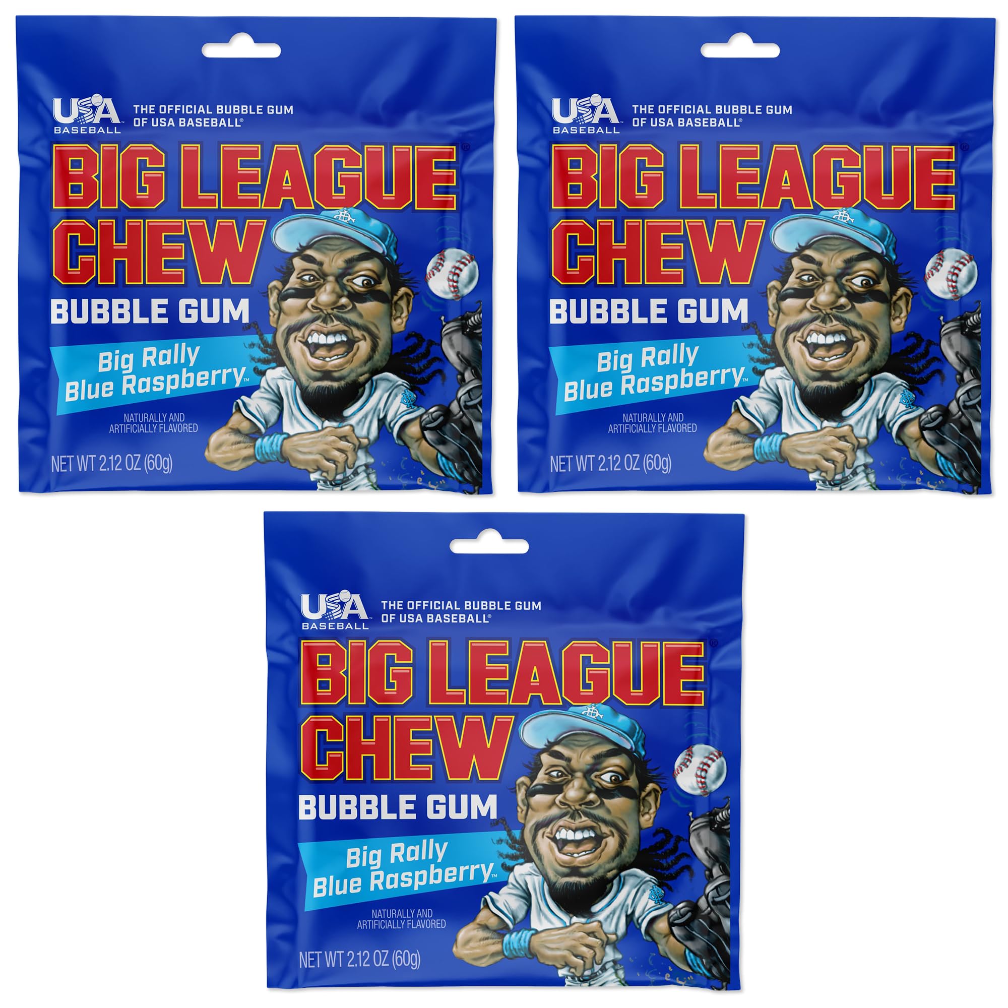 Big League Chew Blue Raspberry 3-pack front view, ideal for game-day snacking