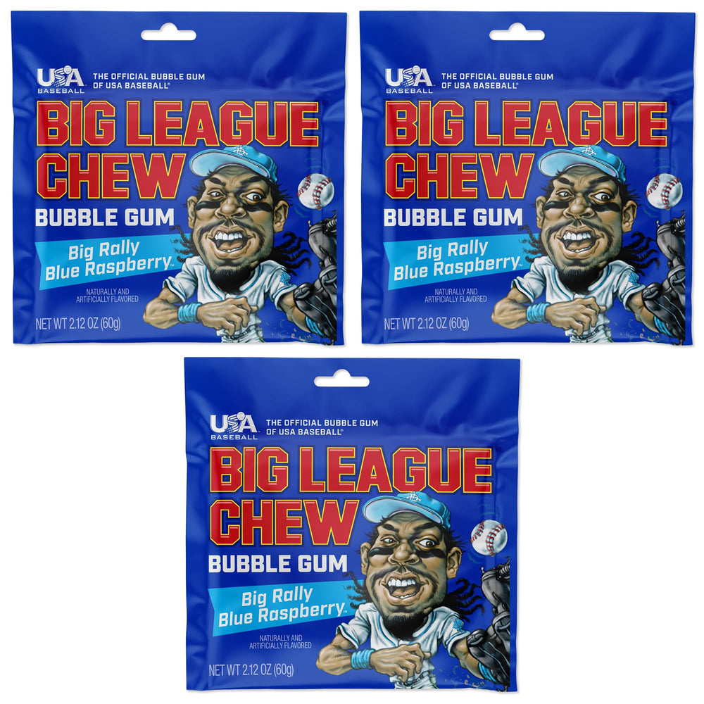 Big League Chew Blue Raspberry 3-pack front view, ideal for game-day snacking