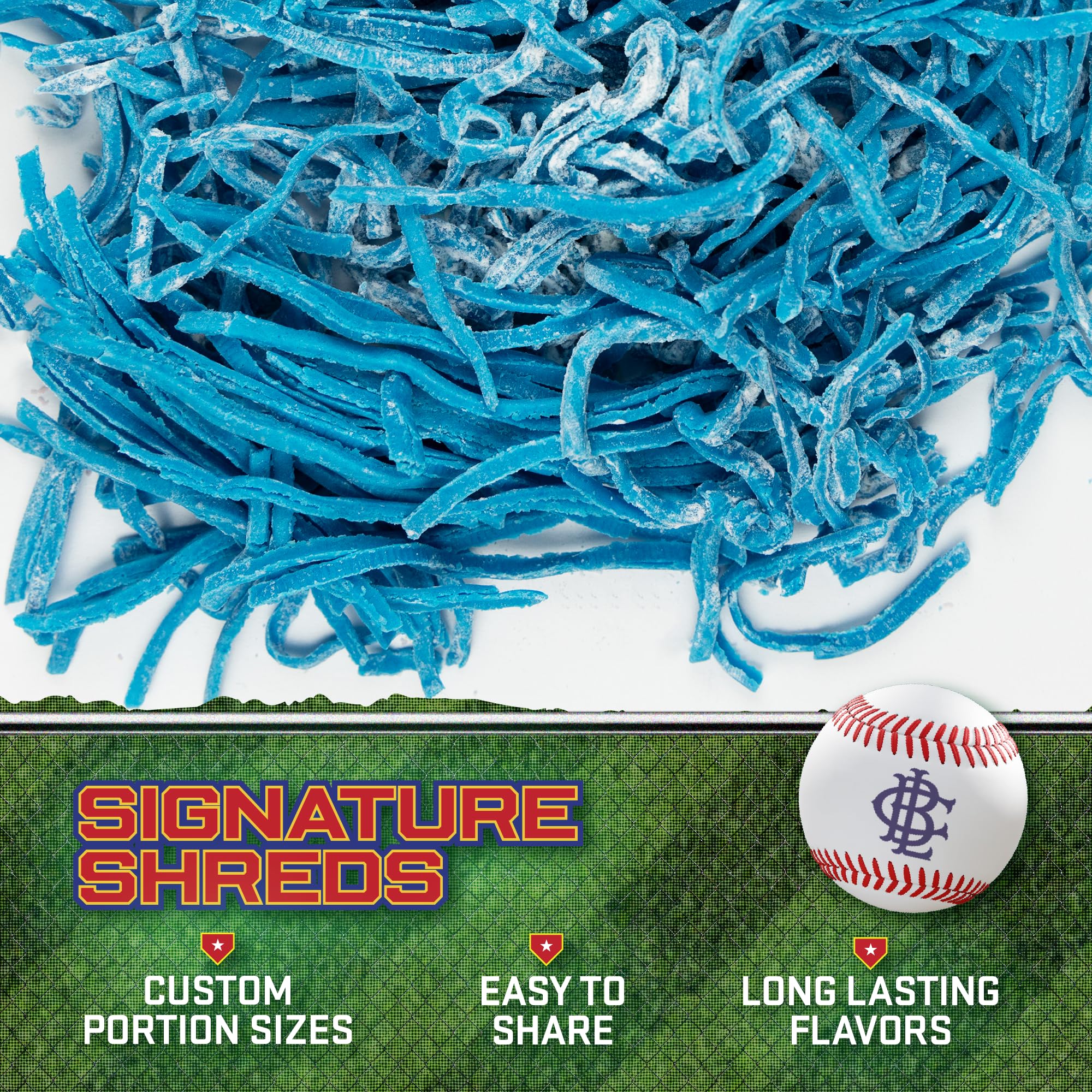 Big League Chew Blue Raspberry gum texture, ready for big bubbles