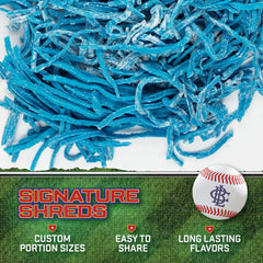 Big League Chew Blue Raspberry gum texture, ready for big bubbles