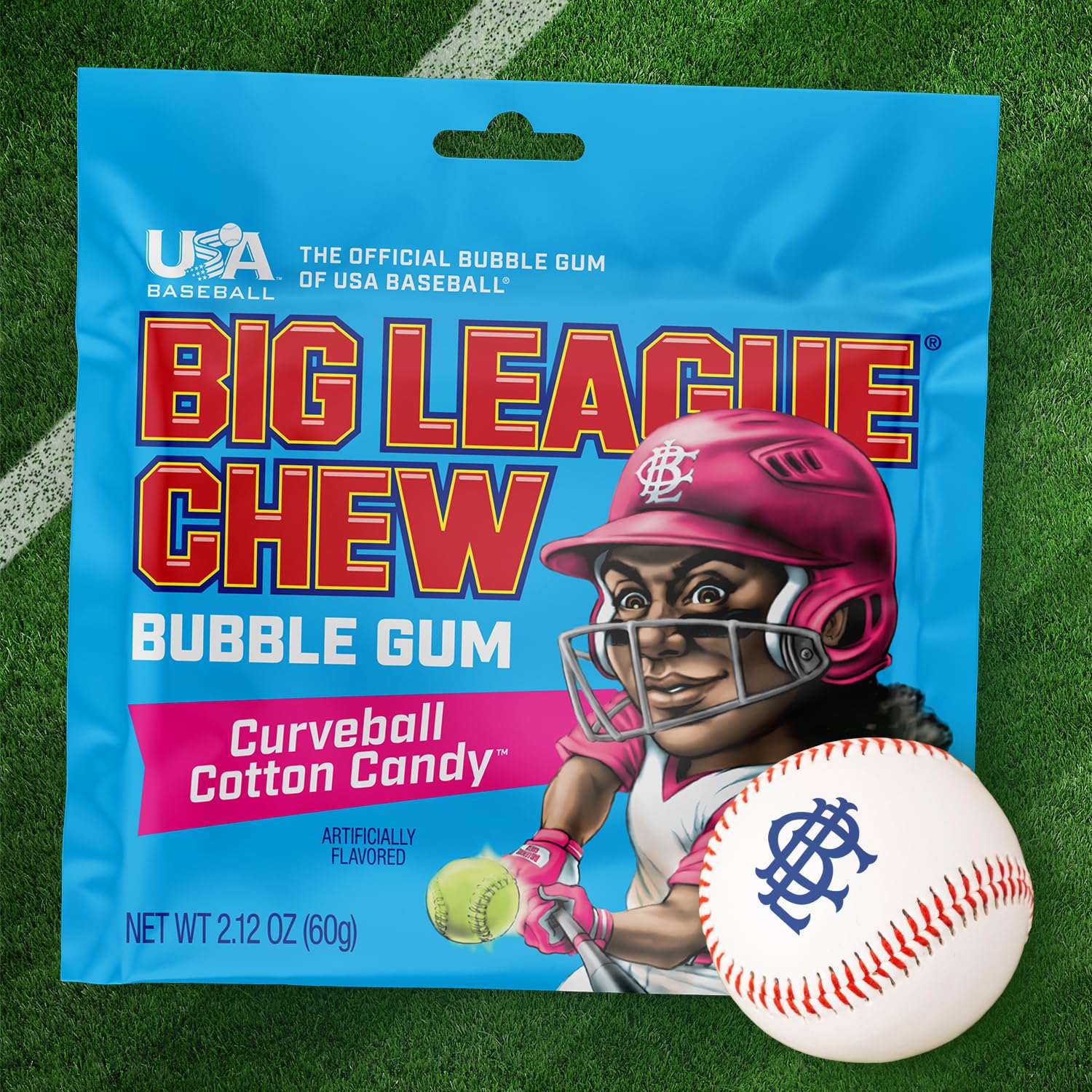 Big League Chew Curveball in stadium setting suggests convenient ballpark snacking.