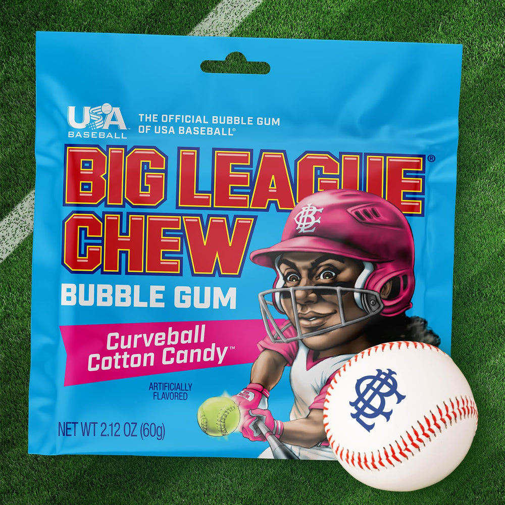 Big League Chew Curveball in stadium setting suggests convenient ballpark snacking.