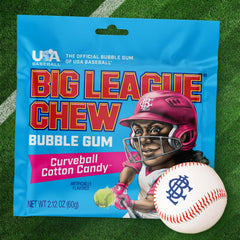 Big League Chew Curveball in stadium setting suggests convenient ballpark snacking.