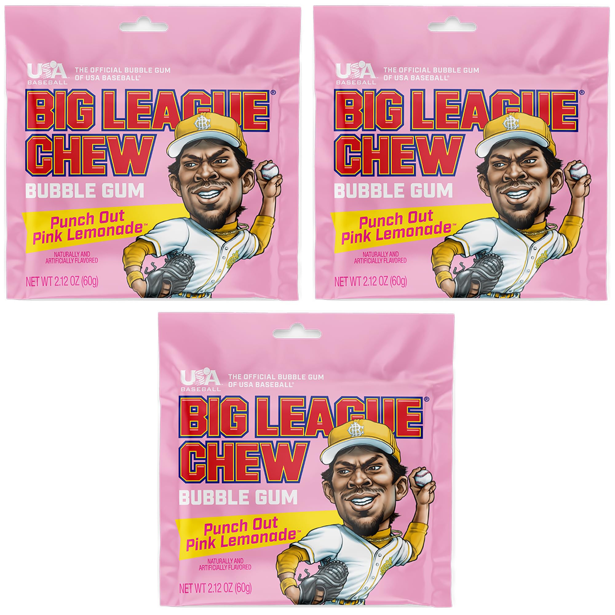 Big League Chew Pink Lemonade packs front view for game day snacking.