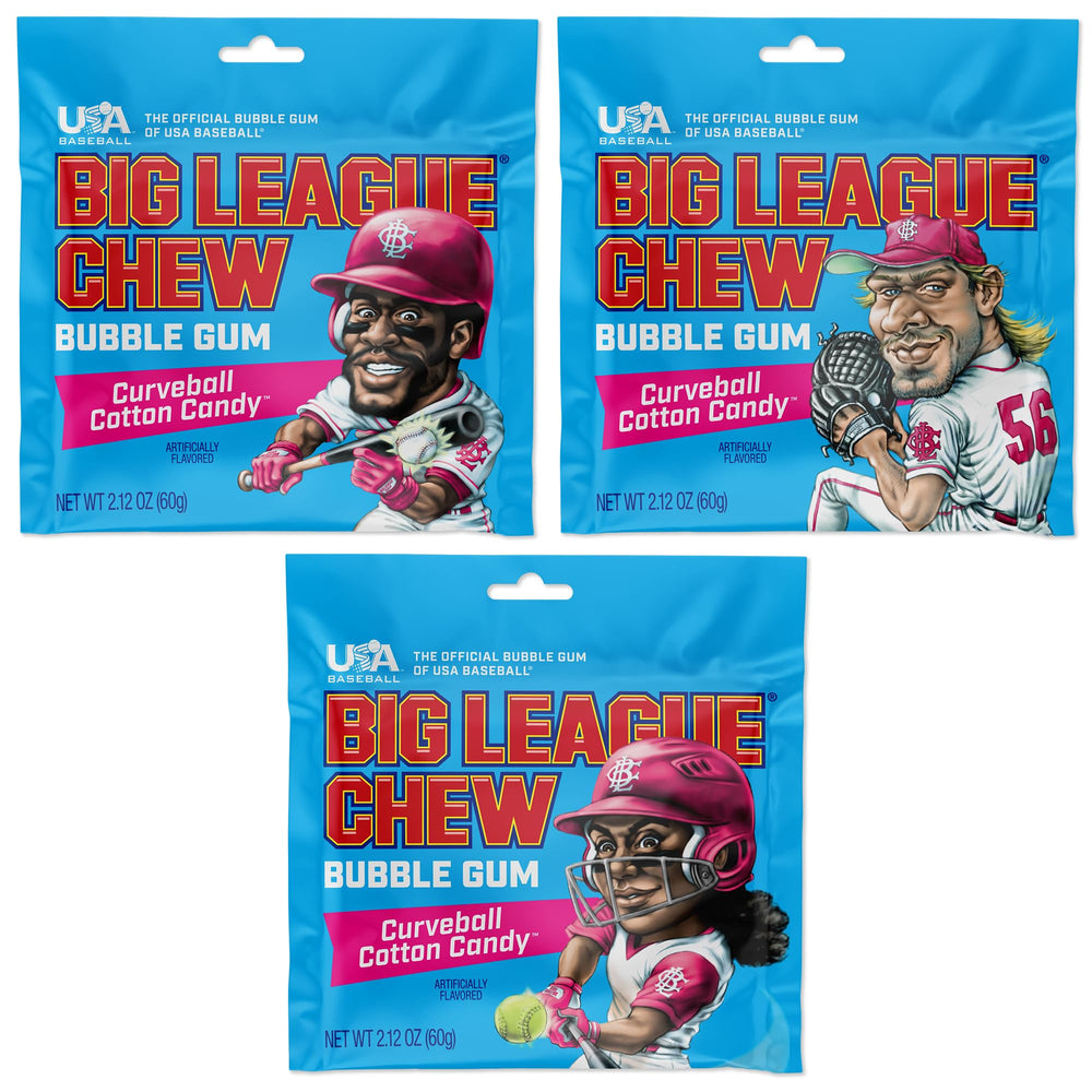 Big League Chew three-pack packaging featuring cotton candy gum for game day