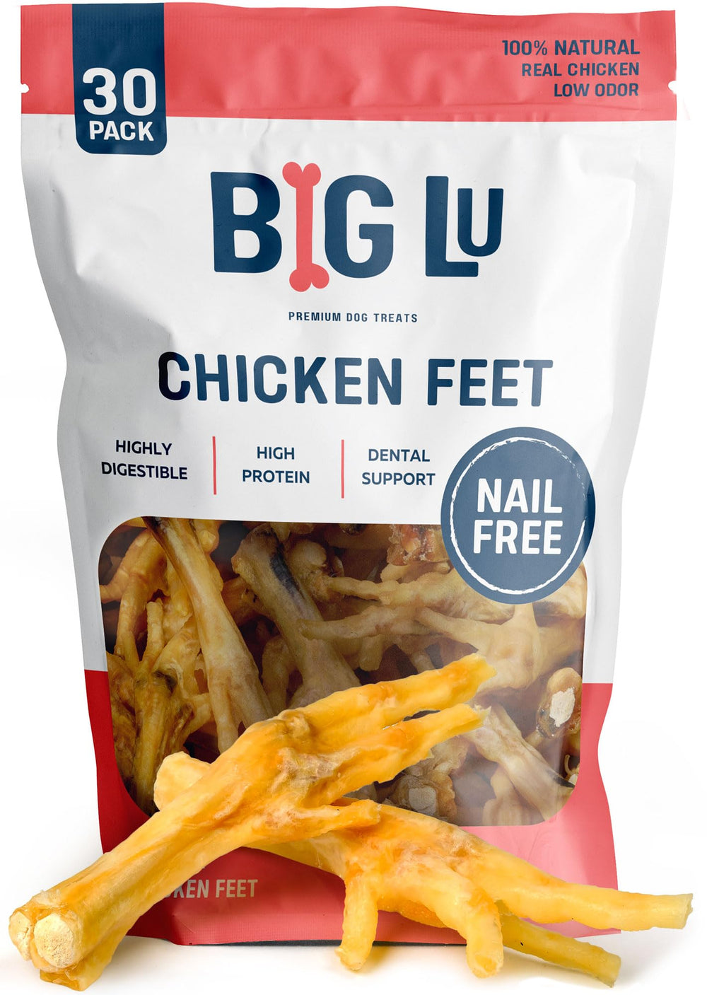 Big Lu nail-free chicken feet chew closeup highlighting juicy, satisfying texture
