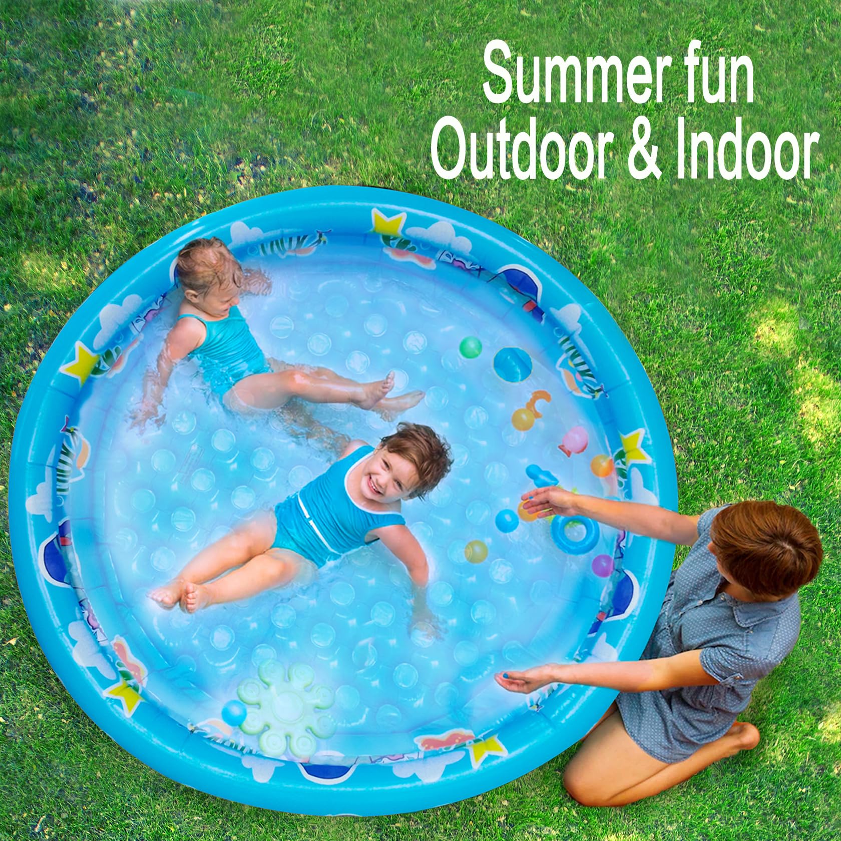 Big Summer 3 Rings Kiddie Pool blue bubble bottom, soft, secure support for kids.
