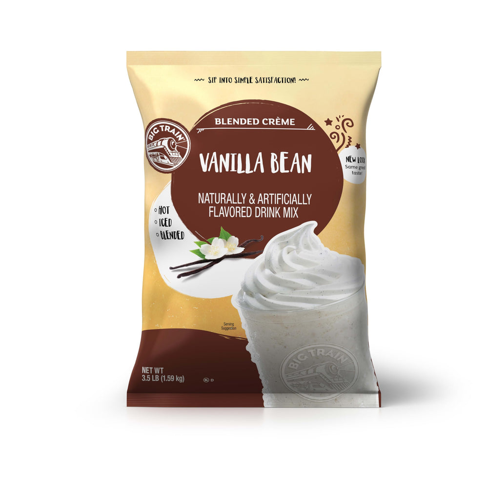 Big Train Vanilla Bean Blended Creme powder poured for effortless at-home beverages.
