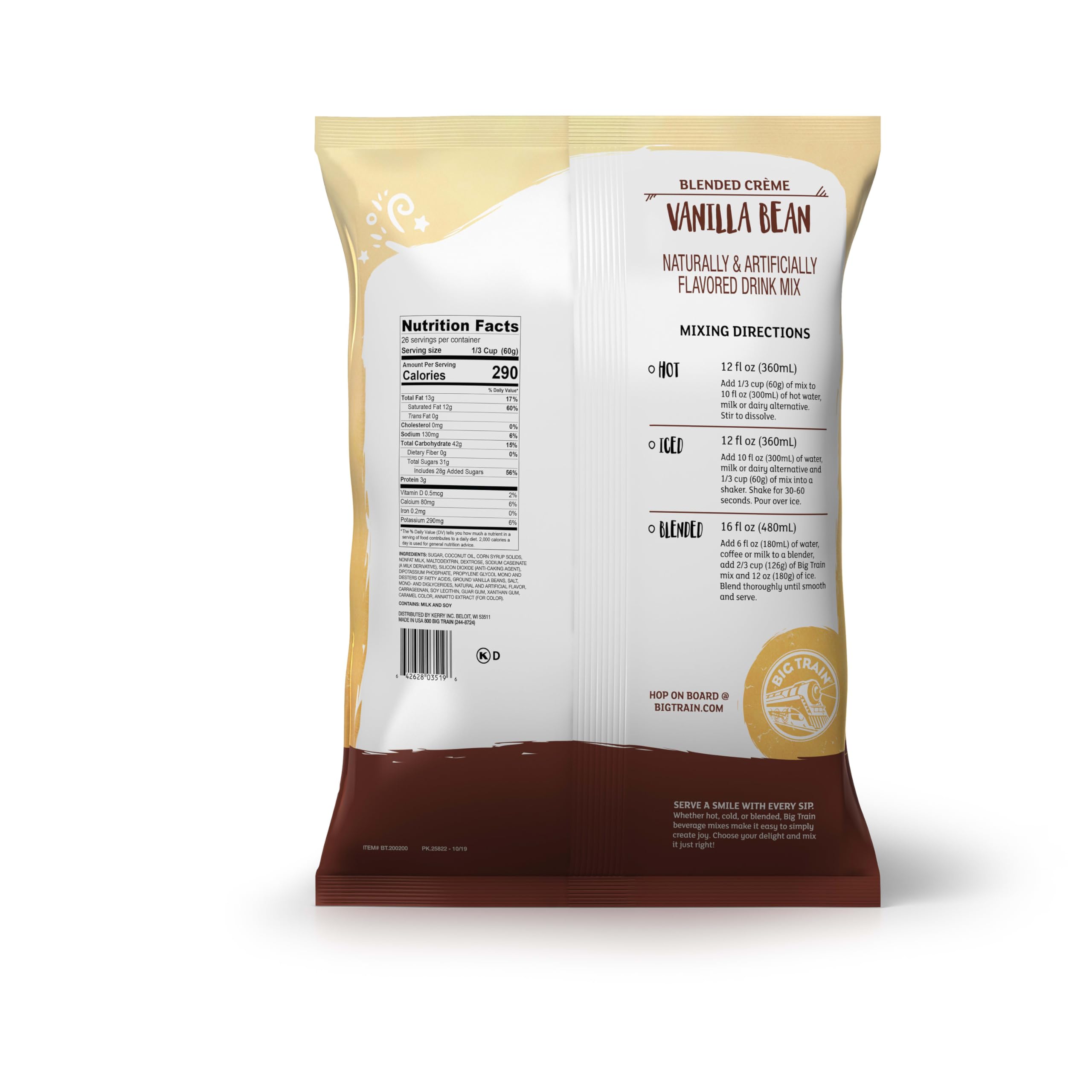 Big Train Vanilla Bean Blended Creme Mix scoop ready to measure perfect portions.
