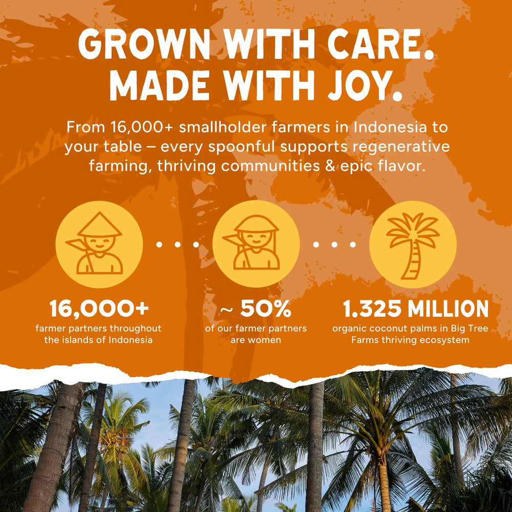 Sustainable coconut farming scene with Big Tree Farms branding