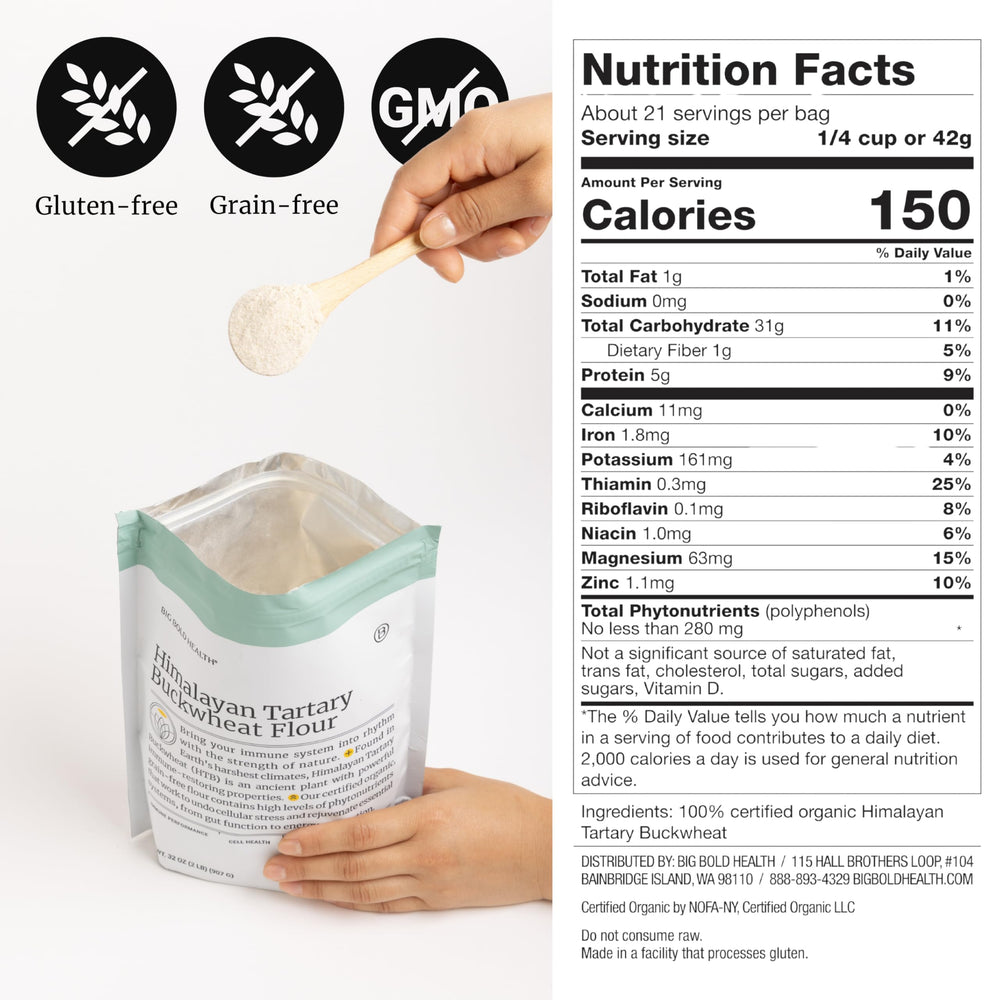 Big Bold Health buckwheat flour in a mixing bowl for gluten-free baking
