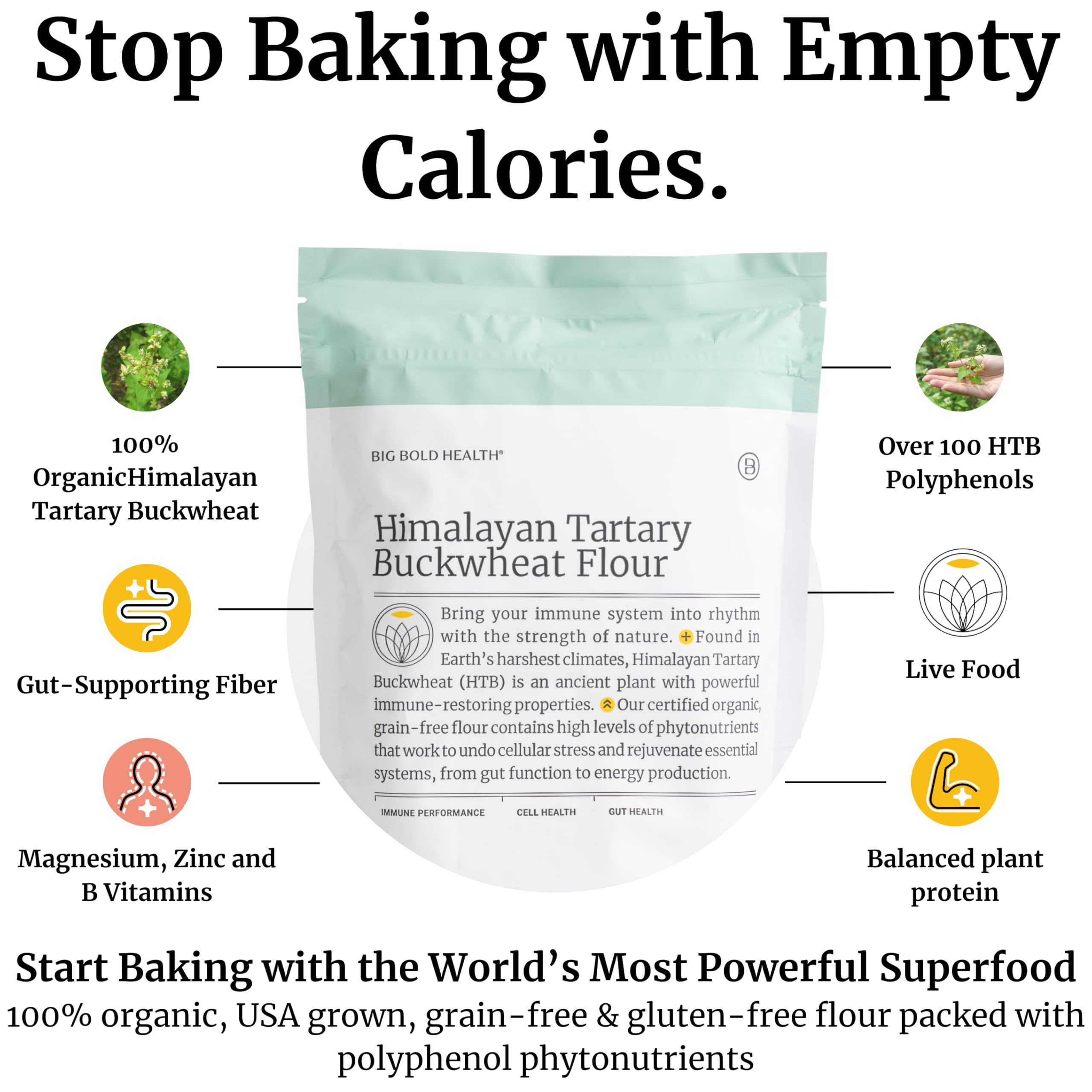Big Bold Health buckwheat flour label highlights phytonutrients and minerals