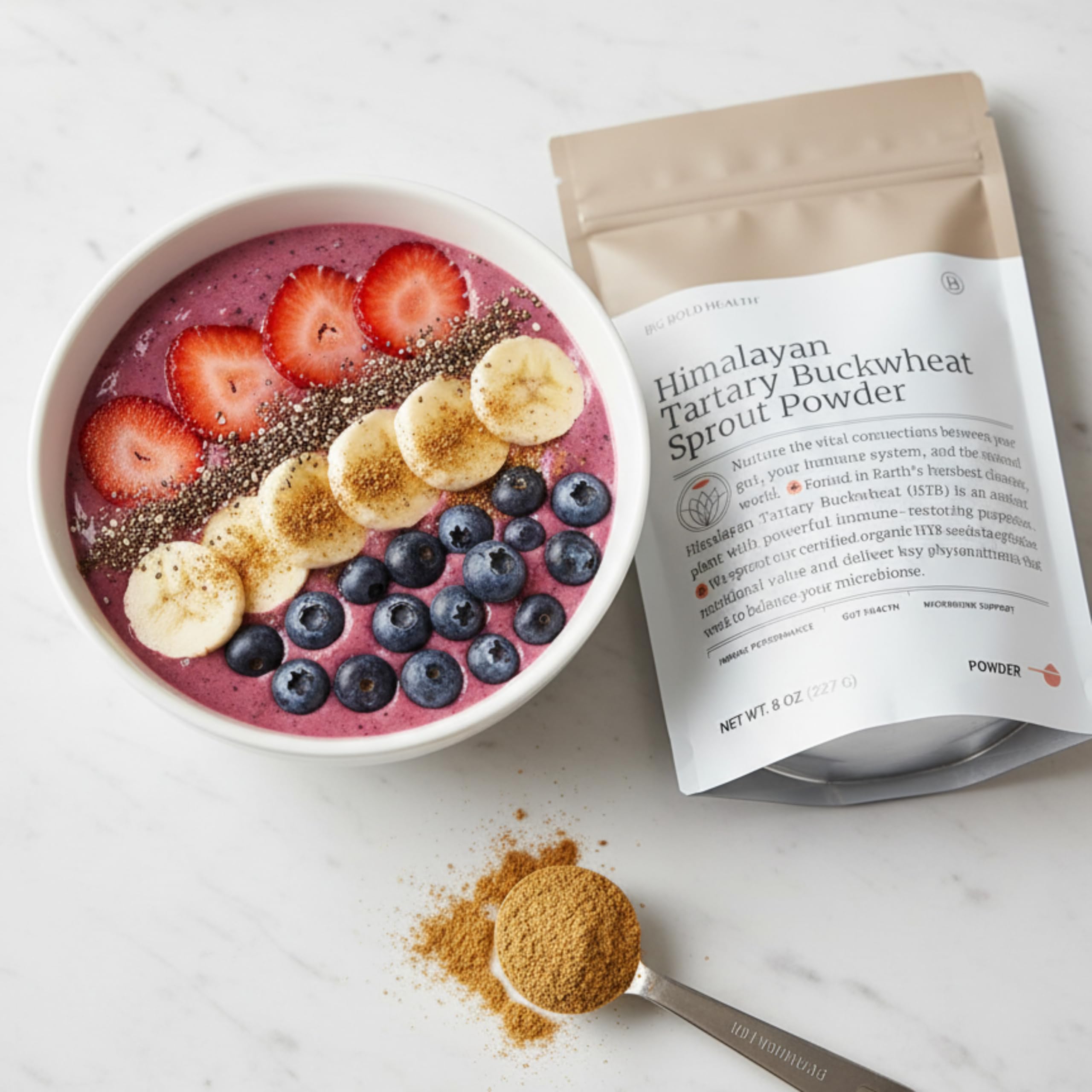 BIG BOLD HEALTH powder in bowl with spoon highlights prebiotic fiber support