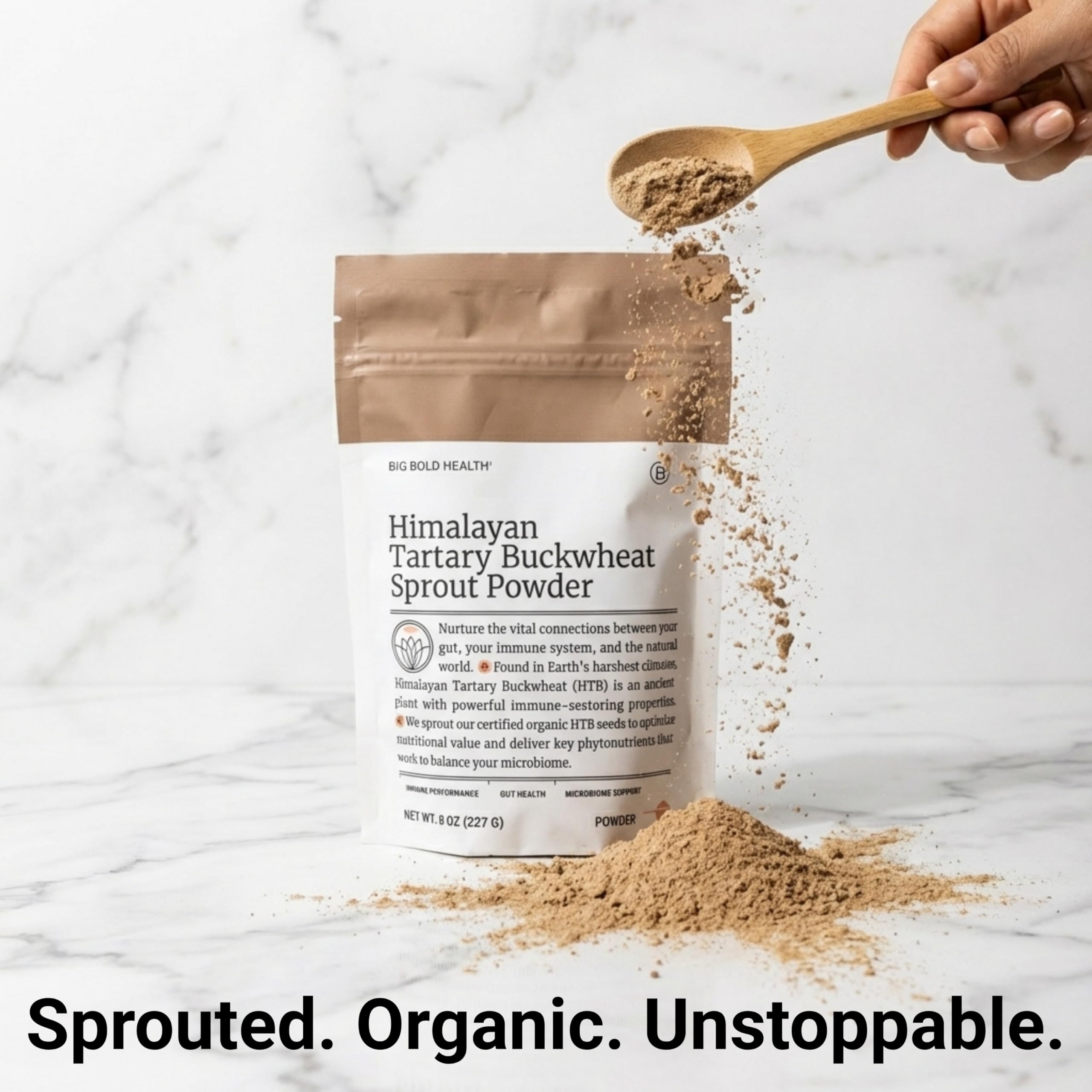 BIG BOLD HEALTH bag close-up emphasizes high-altitude sprouted nutrition benefits