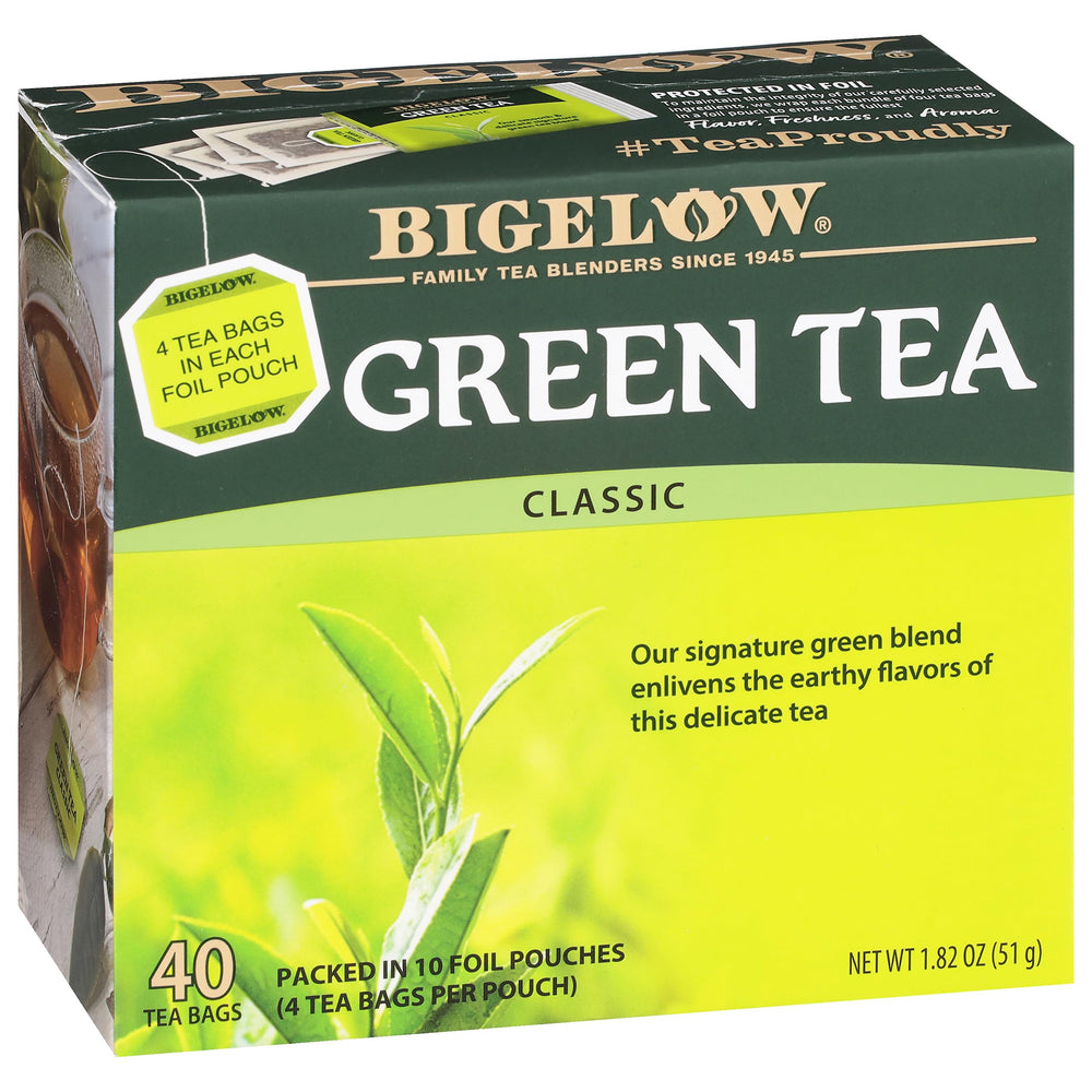 Bigelow Classic Green Tea bags in a 40-count box for convenient use.