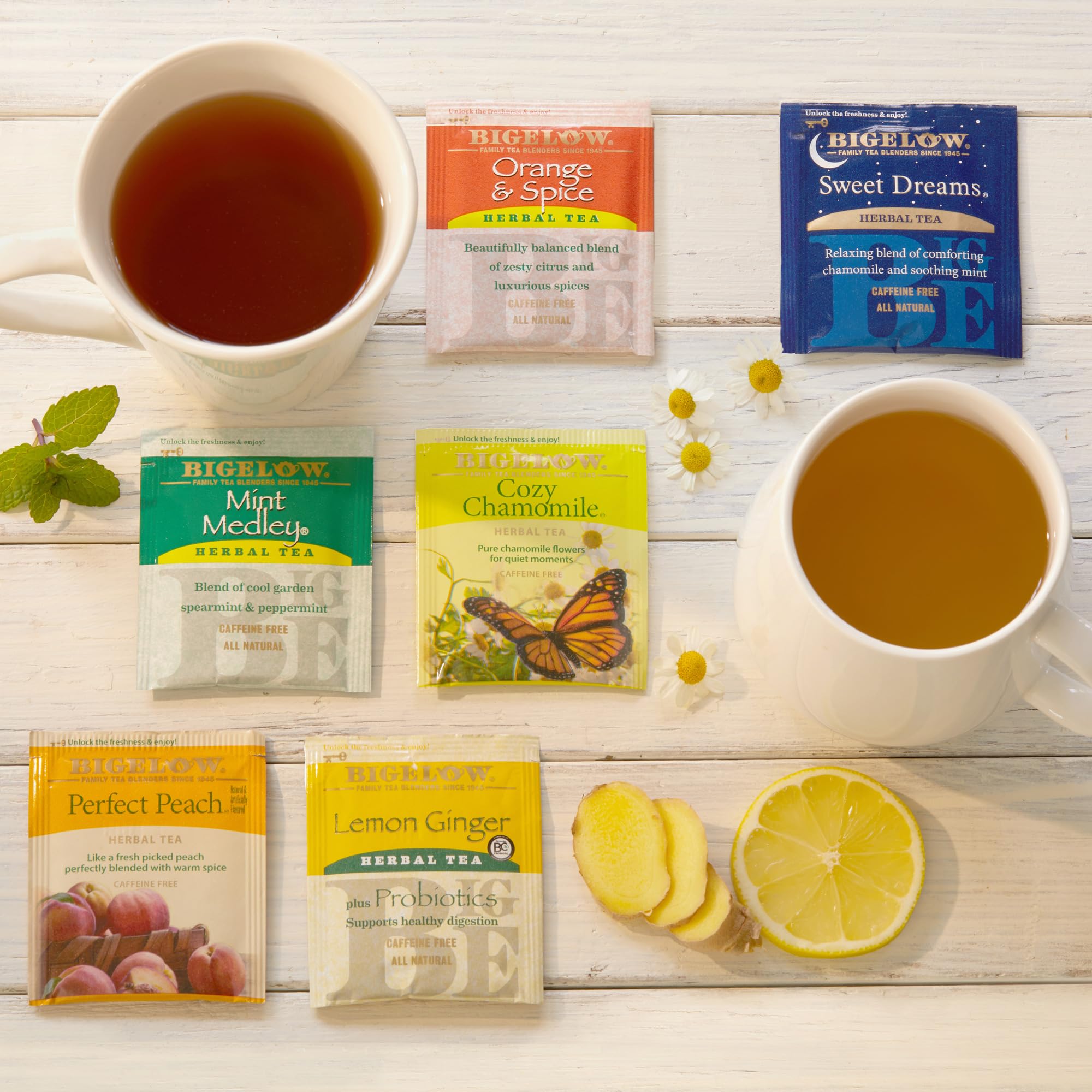 Bigelow Cozy Chamomile tea bag showing floral notes for evening relaxation.