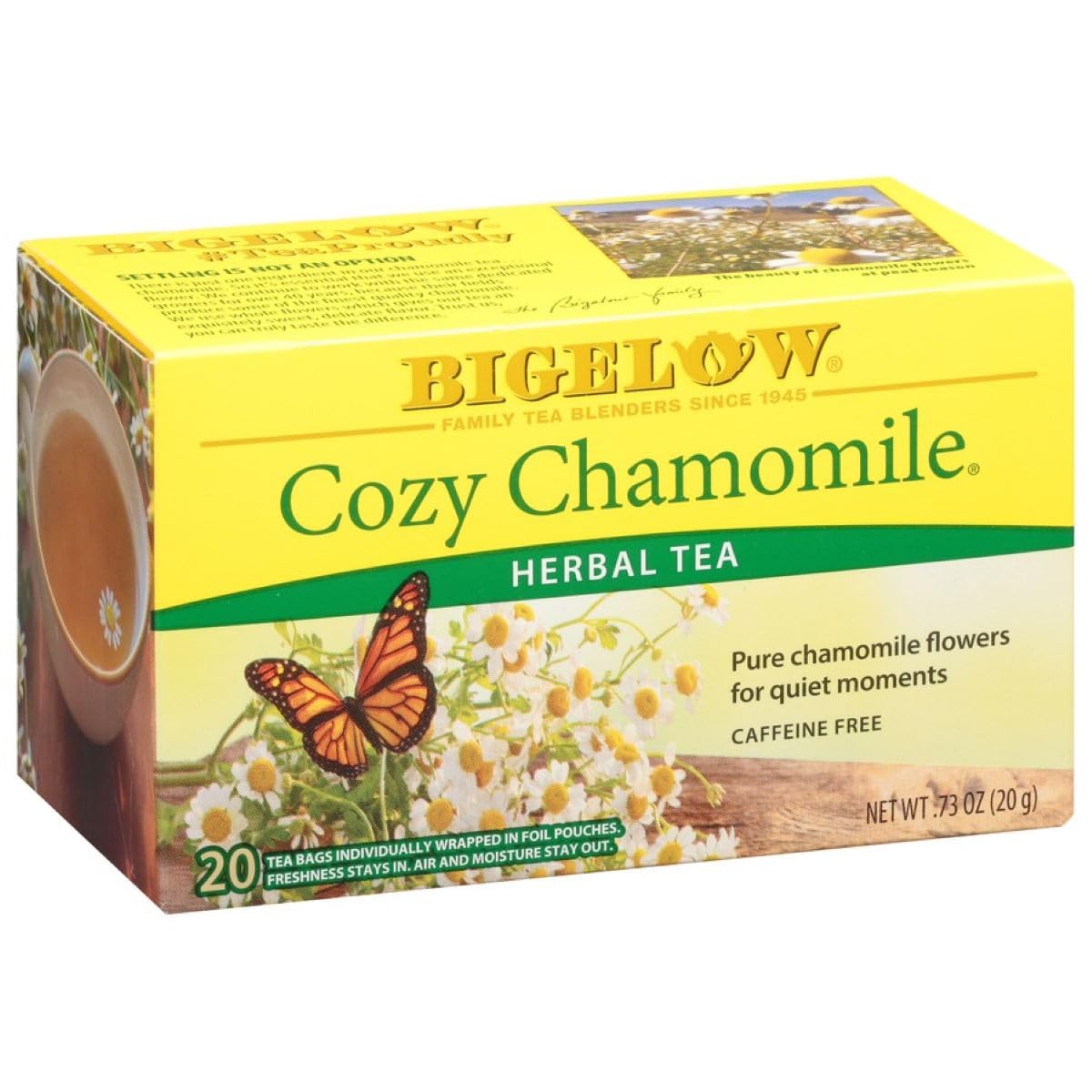 Bigelow Cozy Chamomile tea bags on a kitchen counter for a calming moment.
