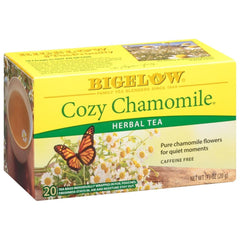 Bigelow Cozy Chamomile tea bags on a kitchen counter for a calming moment.