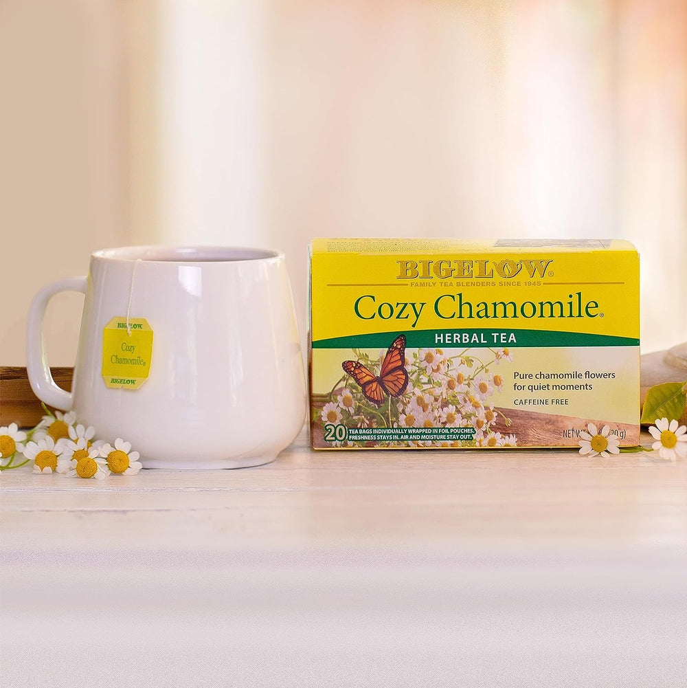 Bigelow Cozy Chamomile USA heritage badge on packaging.
