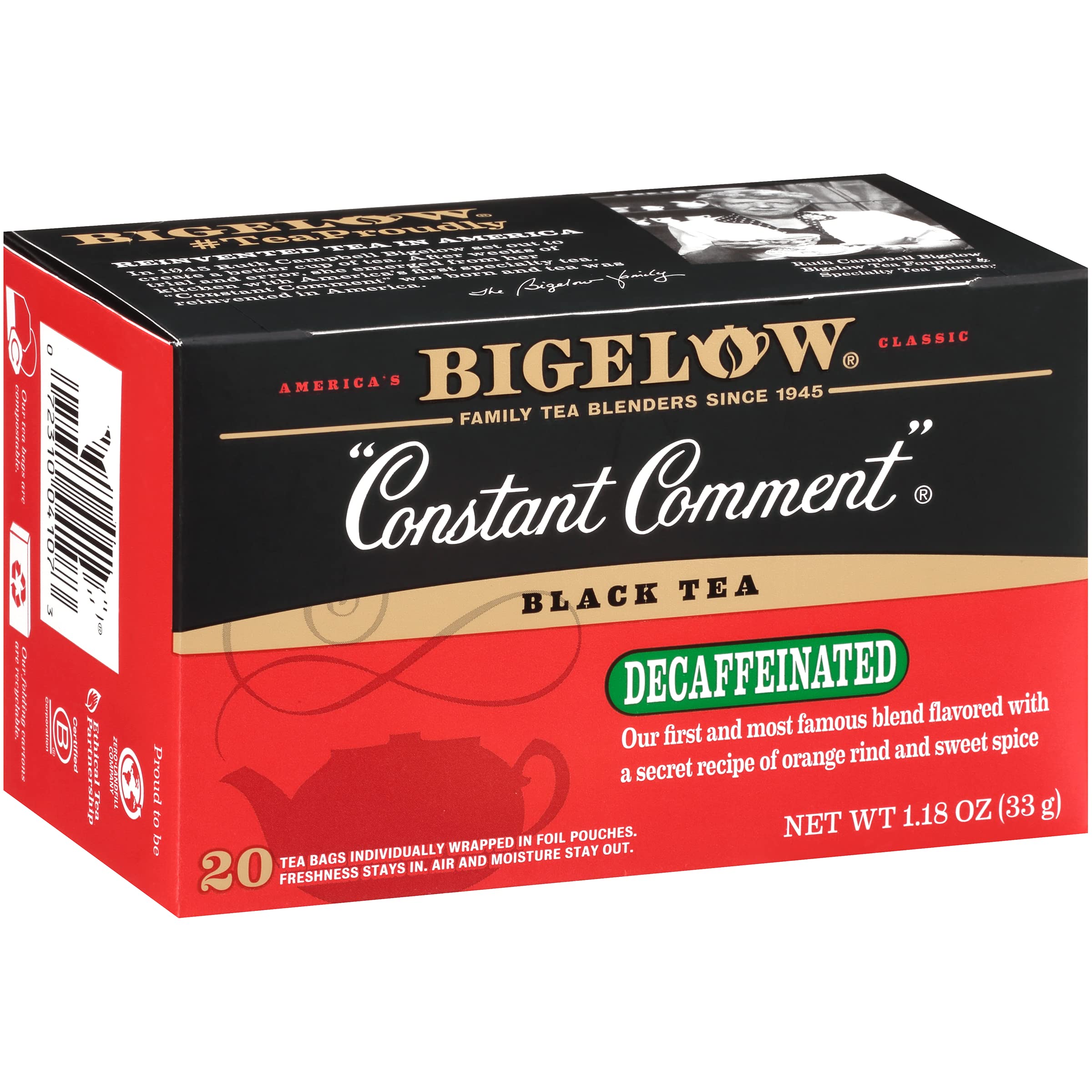 Bigelow Decaffeinated Constant Comment tea box showcasing rich flavor without caffeine