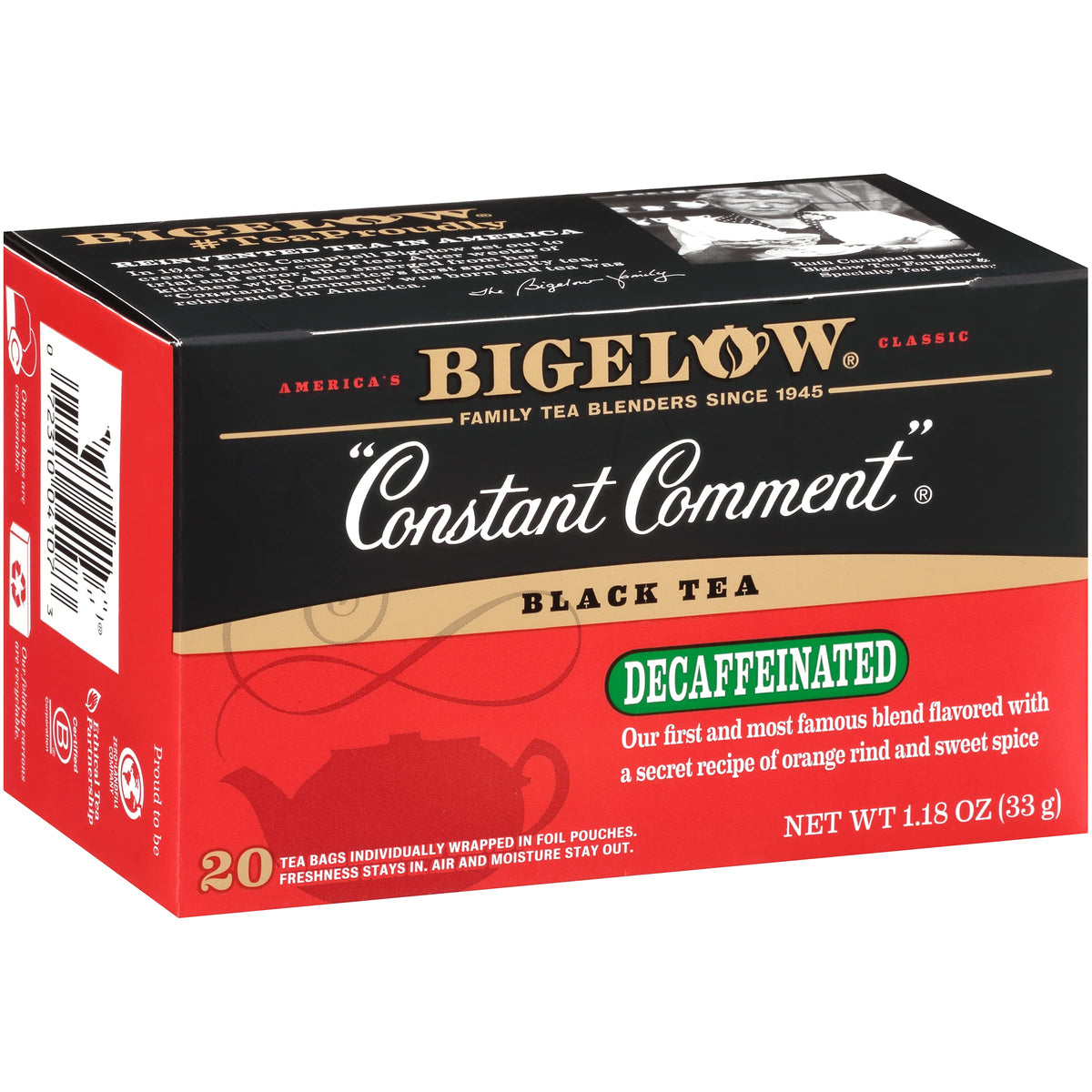 Bigelow Decaffeinated Constant Comment tea box showcasing rich flavor without caffeine