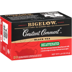 Bigelow Decaffeinated Constant Comment tea box showcasing rich flavor without caffeine