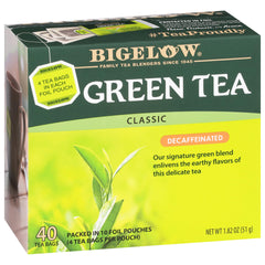 Bigelow decaffeinated green tea bags front box for convenient brewing.