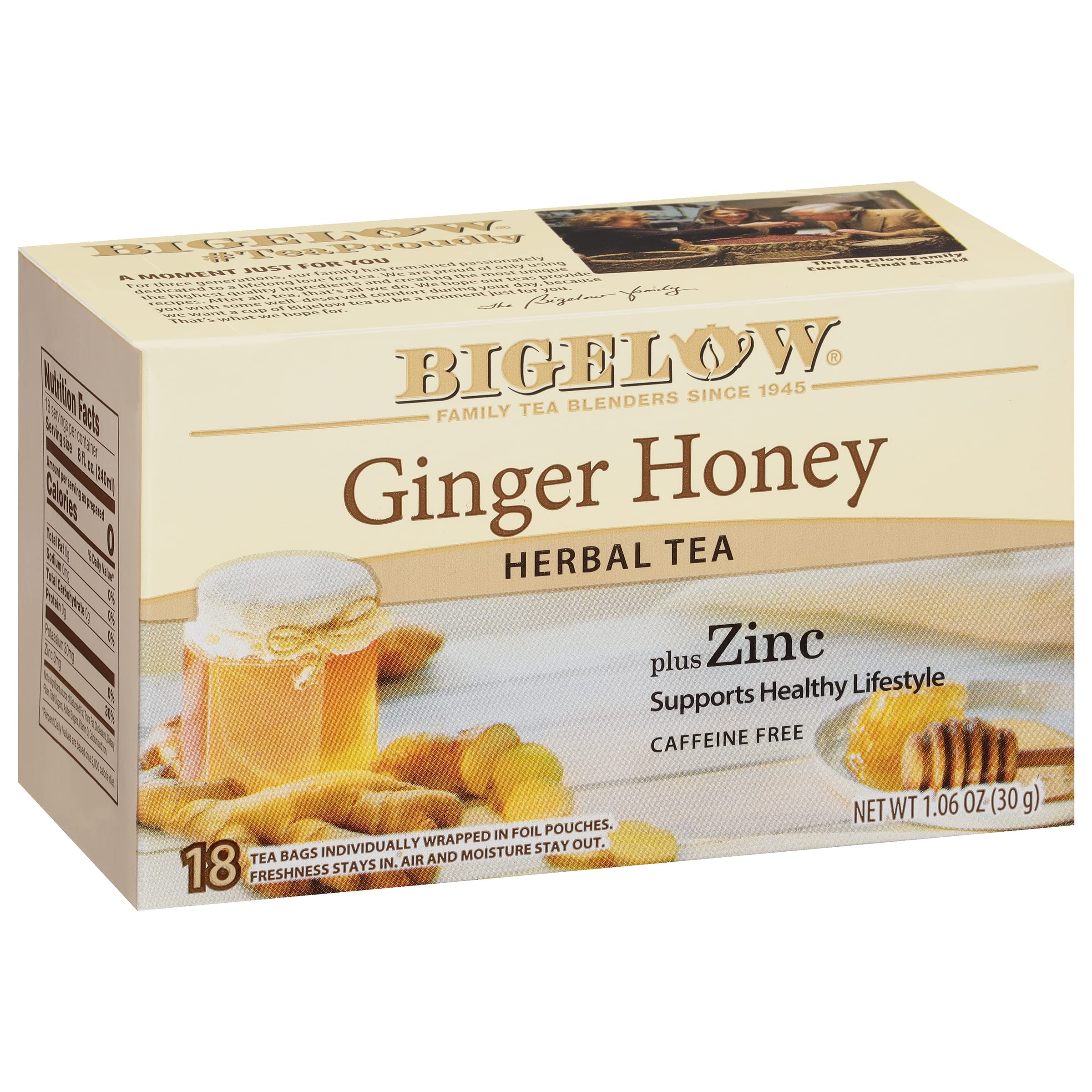 Bigelow Ginger Honey Plus Zinc tea box front for easy pantry display.