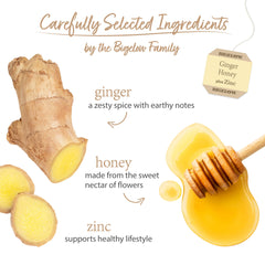 Close-up of Bigelow Ginger Honey Plus Zinc tea foil pouch highlighting packaging freshness.