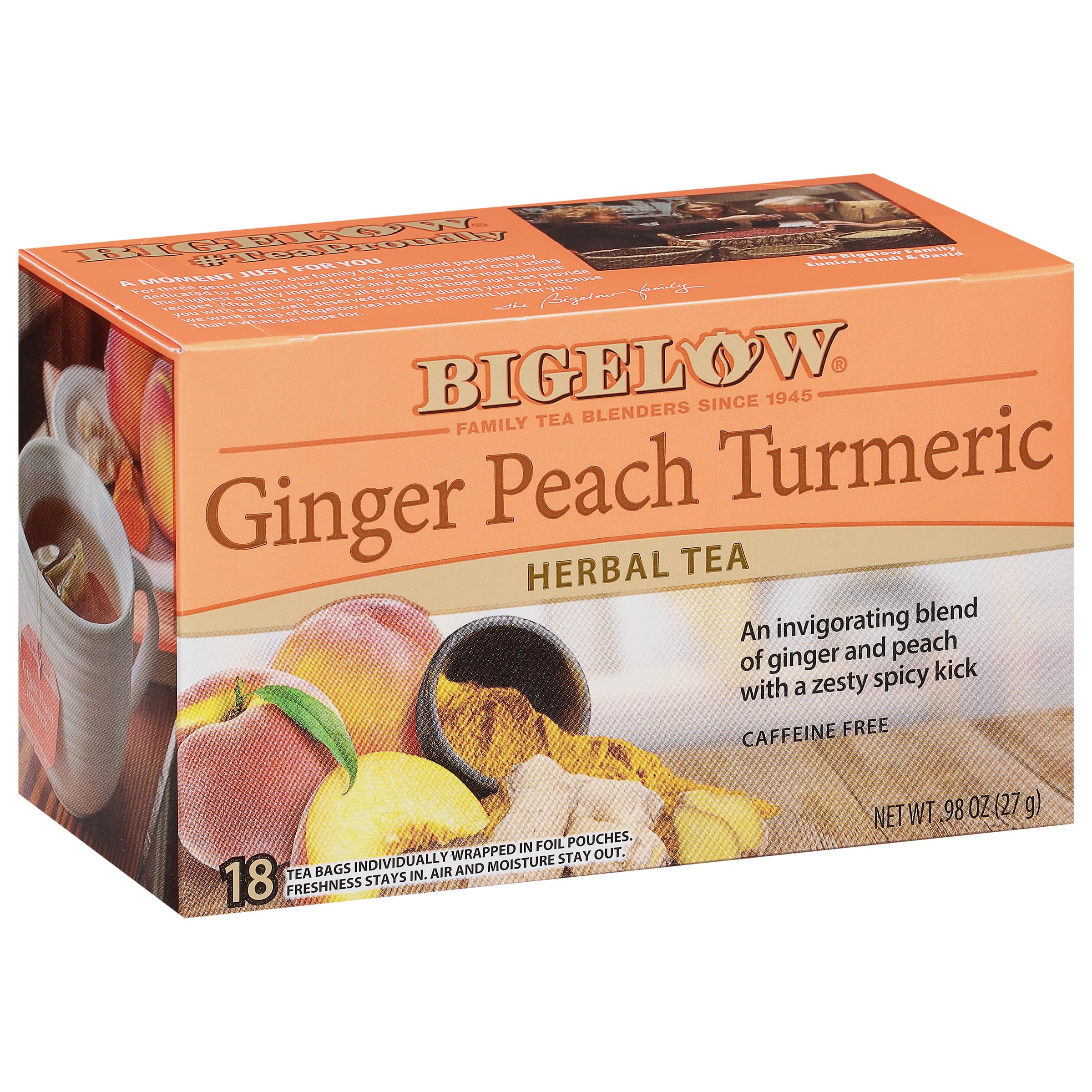 Bigelow Ginger Peach Turmeric tea box front, caffeine-free comfort ready to brew.