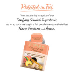 Prepared mug with amber tea and inviting aroma from Bigelow Ginger Peach Turmeric.