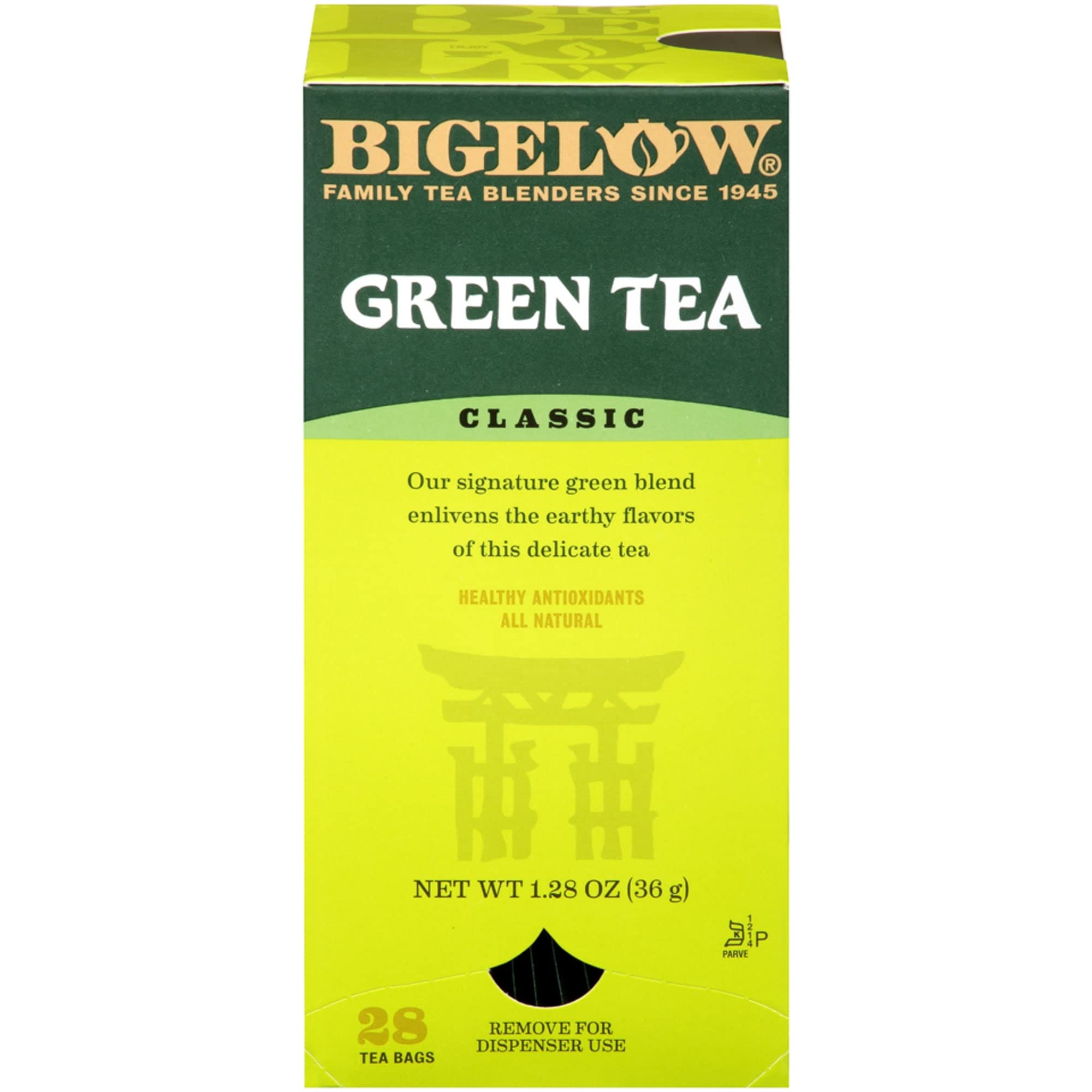 Bigelow Green Tea Bags box front, ideal for a calming afternoon cup.