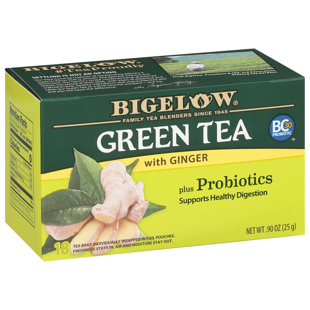 Bigelow Green Tea with Ginger Plus Probiotics packaging highlights on-the-go convenience.