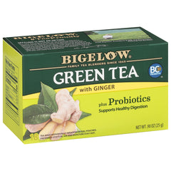 Bigelow Green Tea with Ginger Plus Probiotics packaging highlights on-the-go convenience.